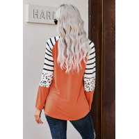 Orange Striped Animal Print Colorblock Long Sleeve Top