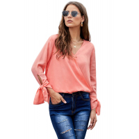 Pink V Neck Ruched Tie Sleeve Top