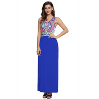 Stylish Aztec Print Sleeveless Royal Blue Maxi Dress