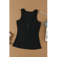 Black Sleeveless Scoop Neck Button Tank Top