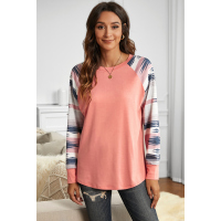 Pink Raglan Long Sleeve Geometric Print Top