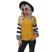 Yellow V Neck Leopard Stripe Splice Lantern Sleeve Top