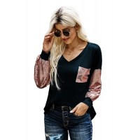 Sequin Splicing V Neck Bishop Sleeves Top