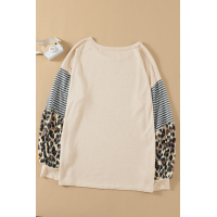 Khaki Leopard Striped Print Sleeve Colorblock Top