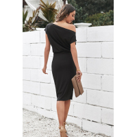 Black Boat Neck Knit Midi Dress 