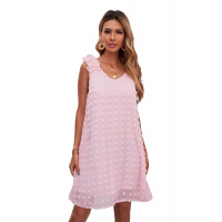 Pink Swiss Dot V Neck Ruffled Sleeveless Mini Dress