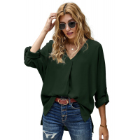 Green V Neck 3/4 Sleeve High Low Hem Shirt