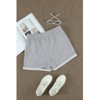 Gray Tie Waist Side Pockets Cuffed Lounge Shorts