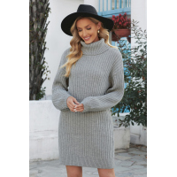 Gray Turtleneck Balloon Sleeve Sweater Dress