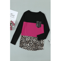 Rosy Leopard Print Color Block Sequin Pocket Top