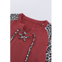 Red Leopard Patchwork Lace-up Front Long Sleeve Top