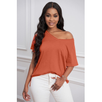 Orange V Neck Short Sleeves Cotton Blend Tee with Front Pocket and Side Slits