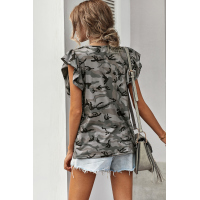 Gray Camouflage Print Ruffled Cap Sleeve T-shirt