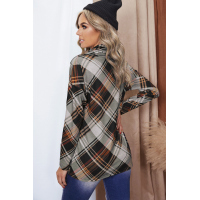 Gray Color Block Plaid Cowl Neck Long Sleeve Top