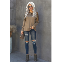 Khaki Leopard Stitching Long Sleeve Top