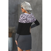 Leopard Color Block Splicing Long Sleeve Cotton Mini Dress