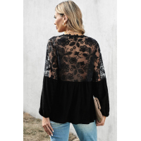 Black V Neckline Lace Shoulder Patchwork Blouse