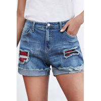 Plaid Patchwork Rolled Hem Denim Shorts