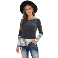 Gray Rhinestone Beading Striped Patchwork Long Sleeve Top