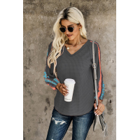 Gray Contrast Eyelet Thermal Knit Top