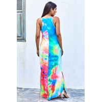 Multicolor Tie-dye Sleeveless Maxi Dress with Pockets