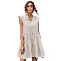 Beige Short Ruffled Sleeve V Neck Tiered Gathered Dress