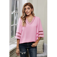 Pink V Lace Neckline 3/4 Bell Mesh Sleeves Blouse