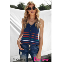 Blue V Neck Striped Pattern Knit Tank Top with Buttons