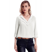 White Lapel V Neck Roll Sleeve Blouse