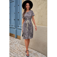 Leopard Short Sleeve Pocketed Drawstring Casual Dress