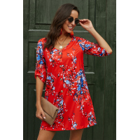 Orange V Neck 3/4 Roll Sleeve Button Floral Dress