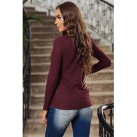 Wine V Neck Cotton Blend Long Sleeve Top