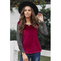 Red Round Neck Color Block Velvet Pleated Long Sleeve Top