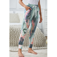 Dark Blue Tie-dye Color Block Drawstring Pants