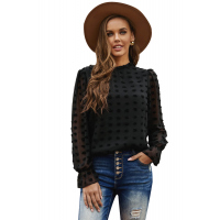 Black Polka Dot Lantern Sleeve Mesh Splicing Blouse