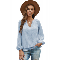 Sky Blue V Neck Lantern Sleeve Textured Solid Top