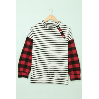 Plaid Patchwork Striped Button Long Sleeve Top