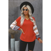 Orange V Neck Leopard Stripe Splice Lantern Sleeve Top