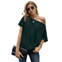 Green Off-The-Shoulder Slash Neck Casual Loose Fitting Top