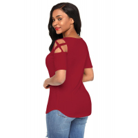 Burgundy Crisscross Cold Shoulder Short Sleeve Shirt