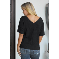 Black V Neck Button Front Crinkled Blouse