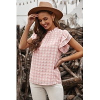 Pink Plaid Ruffled Short Sleeves Tee