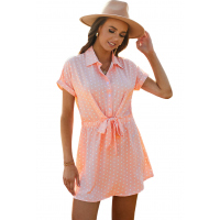 Pink Polka Dot Shirt Collar Short Sleeve Mini Dress