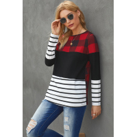 Red Plaid Splicing Striped Color Block Long Sleeve Top