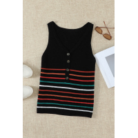 Black V Neck Striped Pattern Knit Tank Top with Buttons