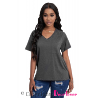 Gray V Neck Short Sleeves Cotton Blend Tee with Front Pocket and Side Slits