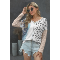 Apricot V Neck Tie-dye&Leopard Splice Waffle Knit Long Sleeve Top