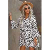 White Leopard Print V neck Ruffle Swing Mini Dress