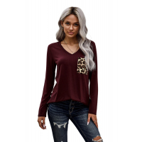 Burgundy Leopard Patch Pocket Long Sleeve Top