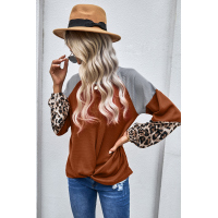 Leopard Long Sleeve Waffle Knit Orange Blouse with Twist Knot